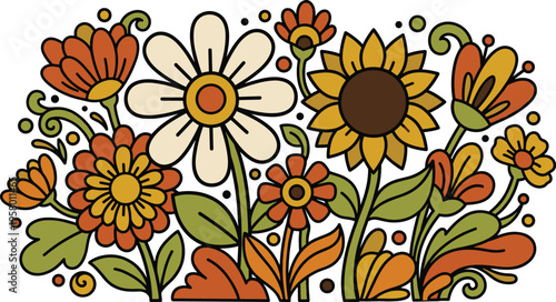 A vibrant retro-style illustration of a diverse collection of colorful flowers blooming in a delightful garden scene, evoking a sense of natural beauty and artistic flair