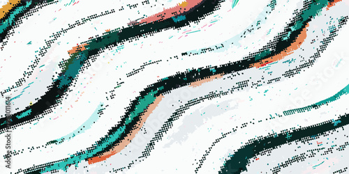 Abstract expressionist brushstrokes in teal black orange and white