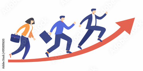 Business professionals running towards success on a rising arrow graphic