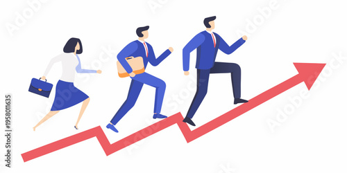 Business professionals running up a red arrow symbolizing growth and success