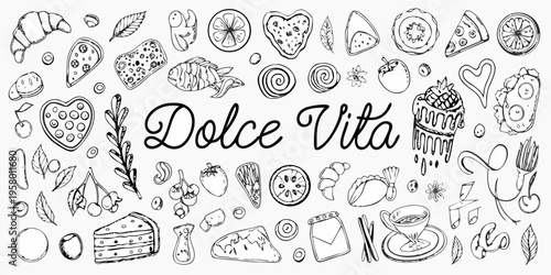 Hand drawn sketch of various sweet treats and floral elements