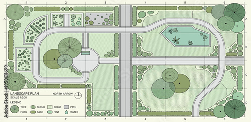 Architectural blueprint of a park with detailed landscaping and green spaces, showcasing various garden elements and pathways