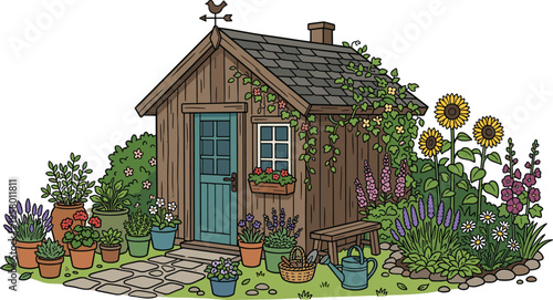 Charming wooden garden shed nestled amongst vibrant flowers, potted plants, and a winding stone path, perfect for a serene backyard oasis