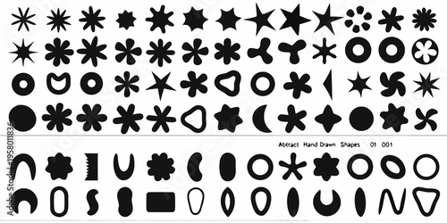 Collection of abstract hand drawn black shapes arranged in grid rows