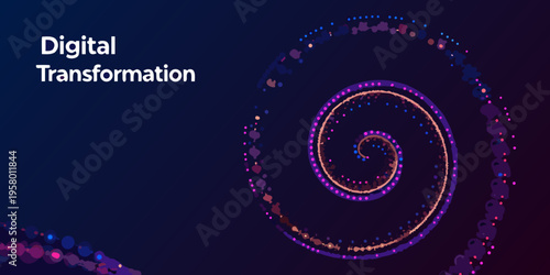 Abstract digital transformation concept with swirling particles and text