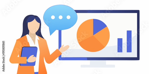 Woman presenting data analysis and insights on a large computer screen