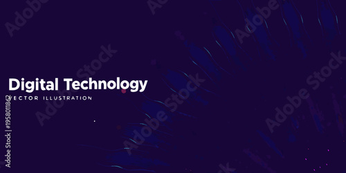 Abstract digital technology background with flowing lines and text overlay