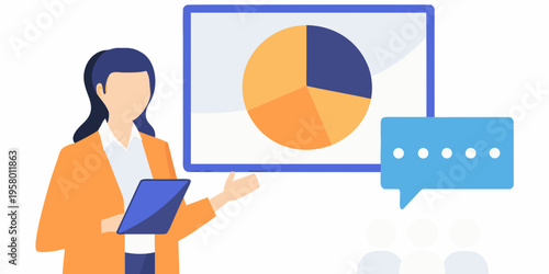 Woman presenting data analysis with a pie chart and digital tablet