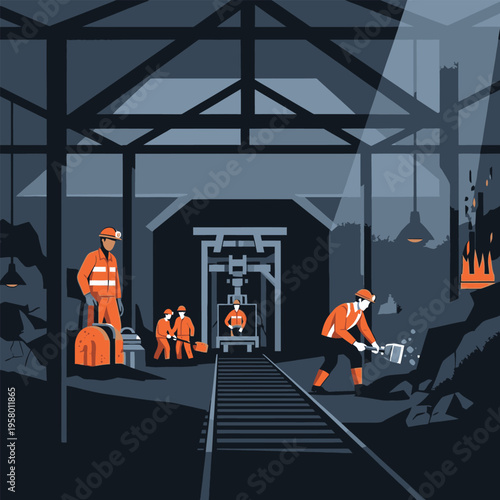 Miners working in a coal mine with equipment.