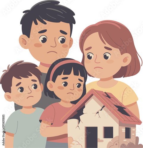 Sad family with damaged house, disaster impact on parents and children, poverty crisis concept, emotional cartoon illustration isolated background
