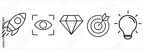 Minimalist line art icons representing creativity, vision, technology, growth, and inspiration. Ideal for business, marketing, education, and tech-related presentations or infographics.