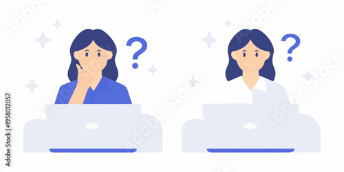 Two women with laptops contemplate questions and uncertainty