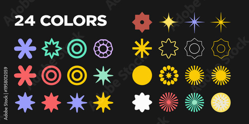 A collection of twenty four colorful starburst and geometric shapes