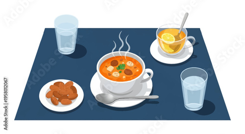 Colorful illustration of soup, crackers, and tea on tray