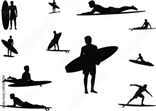 Surfing people silhouette set with surfers carrying boards paddling and riding waves, ocean sport activity isolated vector illustration collection