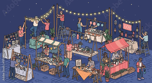Night Market Scene with Diverse Stalls and Shoppers.