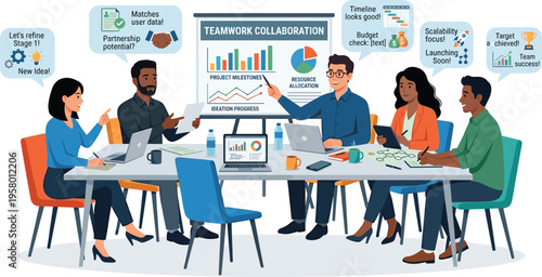 Teamwork collaboration meeting with professionals discussing project milestones, resource allocation, ideation progress, and strategic planning for business growth and innovation