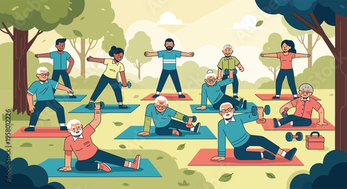 Diverse group of seniors enjoying outdoor yoga class.