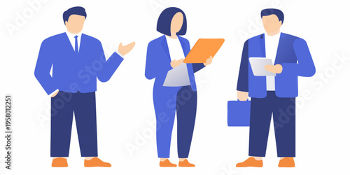 Three business professionals in suits discussing work and holding devices