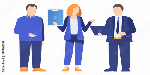 Three business professionals collaborating with digital devices in a flat design