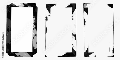 Three abstract black and white rectangular frames with distressed textures