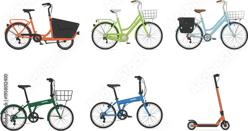 Urban bicycles and scooter collection set with cargo bike city bikes folding bikes and kick scooter in modern flat illustration style