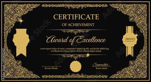 Certificate of achievement with gold seal and ornate design on black background