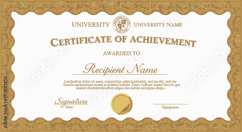 Certificate of achievement award template with university logo and gold seal