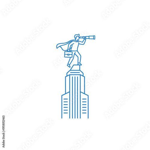 Man with spyglass on skyscraper looking into distance.