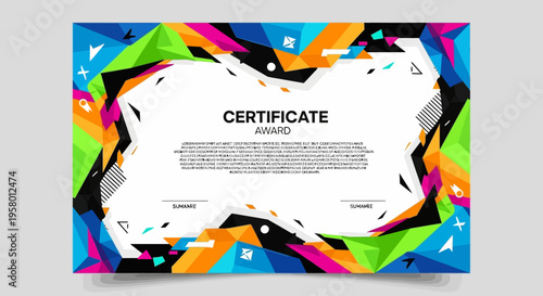 Vibrant abstract certificate template with colorful geometric shapes and bold design