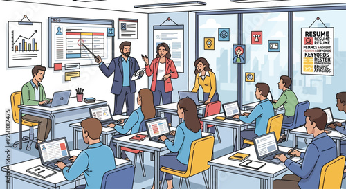 Diverse group of students learning in a modern classroom setting.