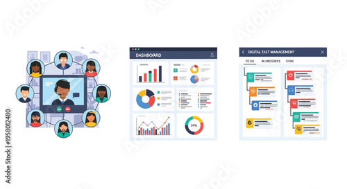 Diverse team collaborating remotely on a video conference call with data analytics dashboards.