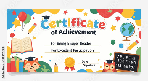 Certificate of achievement for kids with colorful educational icons and cartoon characters