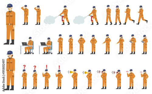 フラットイラスト：男女の消防士セット(表情あり)オレンジ制服