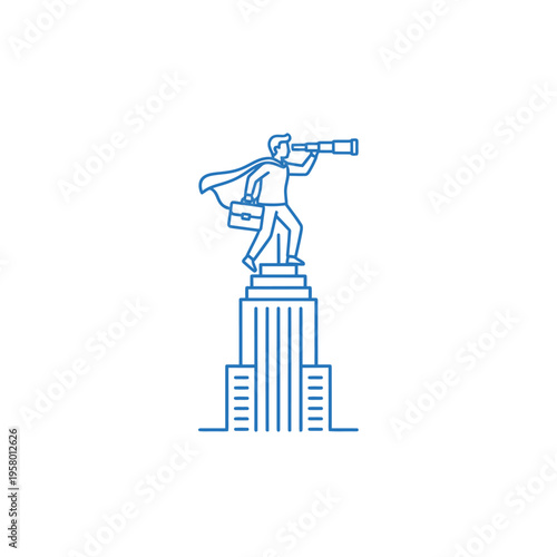 Man with spyglass on skyscraper looking to the future.