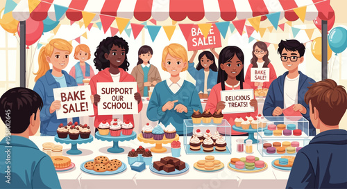 Diverse group of students selling baked goods at a school fundraiser.