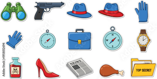 Set of fifteen detective and spy theme sticker icons featuring binoculars gun hats compass briefcase poison and top secret folder isolated on white background.