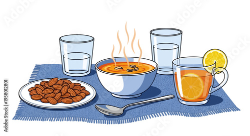 Illustration of oatmeal breakfast with almonds and iced tea