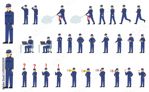 フラットイラスト：男女の消防士セット(表情あり)