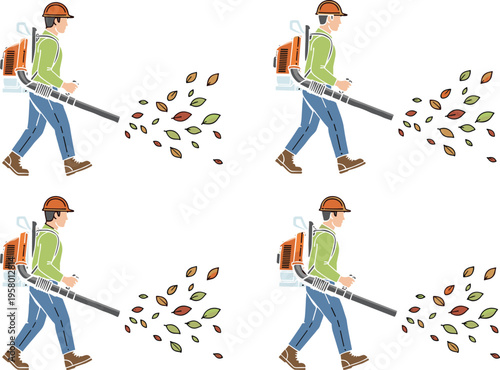 Set of four professional landscape workers using backpack leaf blowers to clear autumn leaves isolated on white background for garden maintenance and seasonal service.