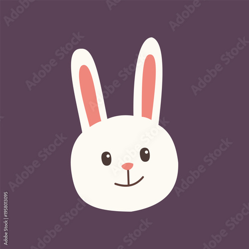 Cute bunny face illustration in flat pastel style. Perfect for easter design, nursery decor, and greeting cards. Simple playful spring character.
