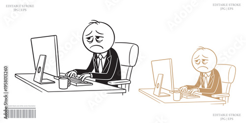 Sad Tired Businessman Working Late At Computer Desk Office Stress Fatigue