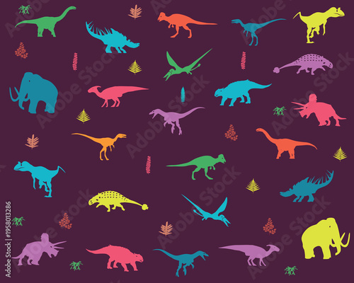 natural prehistoric animal and leaf colorful pattern doodle .dinosaurs and leaves vector seamless wallpapers