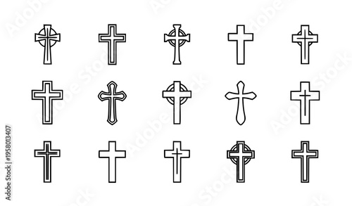 Christian cross line icons vector set with minimal black outline religious symbols isolated on white