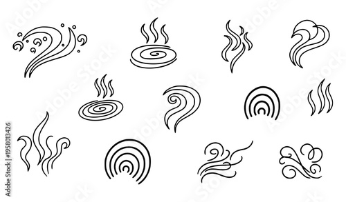 Hand drawn aroma and smell icons set with steam vapor and odor line symbols isolated on white