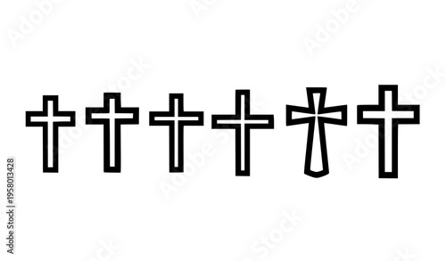 Bold black Christian cross line icons vector set with modern geometric religious symbol collection