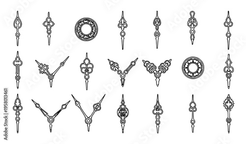 Vintage clock hands vector set with antique watch arms in Victorian steampunk style line illustration