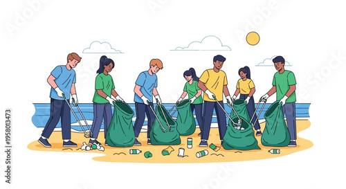 Diverse group of volunteers cleaning up a beach environment.
