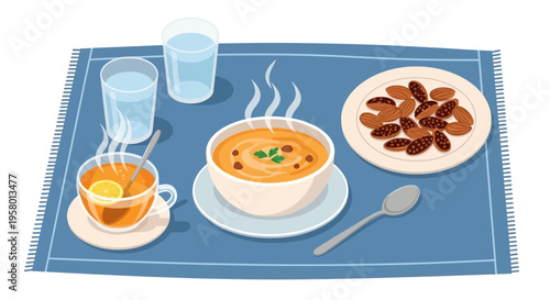 Illustration of steaming bowl of soup with dates and tea