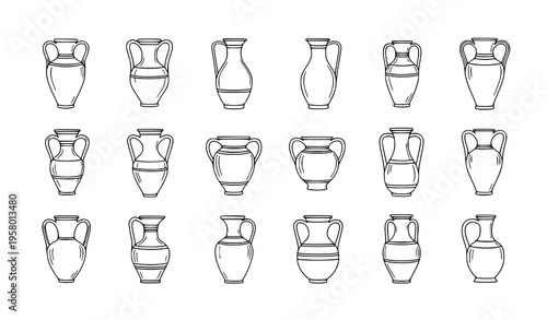 Outline Greek vases and amphora vector set with ancient pottery line icons isolated on white